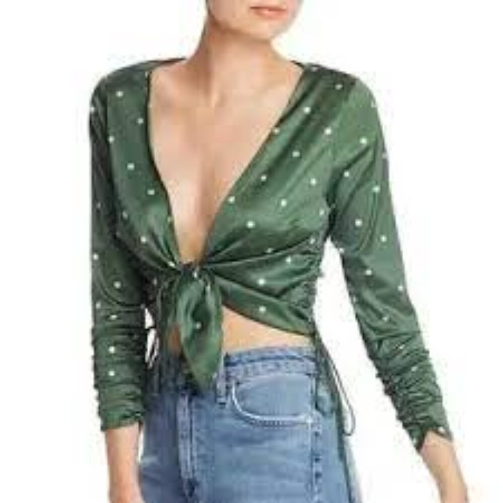 NWT For Love and Lemons Satin Tie Polka Dot Top green  size Large